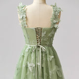 Sage Green A-Line Tulle Spaghetti Straps 3D Butterfly Long Prom Dress Sweet Adult Graduation Prom Dress HZ1108