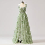 Sage Green A-Line Tulle Spaghetti Straps 3D Butterfly Long Prom Dress Sweet Adult Graduation Prom Dress HZ1108