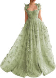 Sage Green A-Line Tulle Spaghetti Straps 3D Butterfly Long Prom Dress Sweet Adult Graduation Prom Dress HZ1108