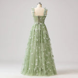 Sage Green A-Line Tulle Spaghetti Straps 3D Butterfly Long Prom Dress Sweet Adult Graduation Prom Dress HZ1108