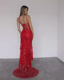 Red Mermaid Spaghetti Straps Tulle Lace Long Prom Dress Sexy Birthday Dress HZ1108