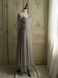 Chiffon Spaghetti Straps Transparent Beads Sweetheart Neck Grey Long Prom Dress HZ1108