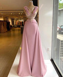 Pink V-neck Fitted Satin Lace Long Prom Dress HZ1108