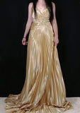Gold A-line Spaghetti Straps Satin Beaded Long Prom Dress V-neck Retro Evening Dress HZ1108