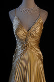 Gold A-line Spaghetti Straps Satin Beaded Long Prom Dress V-neck Retro Evening Dress HZ1108