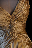 Gold A-line Spaghetti Straps Satin Beaded Long Prom Dress V-neck Retro Evening Dress HZ1108