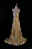 Gold A-line Spaghetti Straps Satin Beaded Long Prom Dress V-neck Retro Evening Dress HZ1108