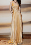 Gold A-line Spaghetti Straps Satin Beaded Long Prom Dress V-neck Retro Evening Dress HZ1108