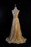 Gold A-line Spaghetti Straps Satin Beaded Long Prom Dress V-neck Retro Evening Dress HZ1108