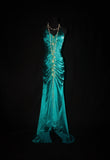 Turqoise Mermaid Halter Satin Beaded Long Prom Dress Retro V-neck Rhinestone Evening Gown HZ1108