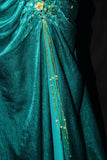Turqoise Mermaid Halter Satin Beaded Long Prom Dress Retro V-neck Rhinestone Evening Gown HZ1108
