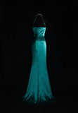 Turqoise Mermaid Halter Satin Beaded Long Prom Dress Retro V-neck Rhinestone Evening Gown HZ1108