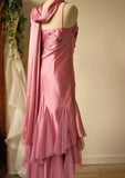 Gorgeous A-line Pink Spaghetti Strap Satin Applique Retro Prom Dress Birthday Party Dress HZ1108