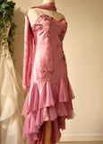 Gorgeous A-line Pink Spaghetti Strap Satin Applique Retro Prom Dress Birthday Party Dress HZ1108