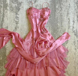 Gorgeous A-line Pink Spaghetti Strap Satin Applique Retro Prom Dress Birthday Party Dress HZ1108