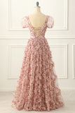 Pink A-line Tulle Pleated Floral Long Prom Dress Adult Ceremony Graduation Prom Dress HZ1108