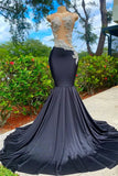Black Mermaid V-neck Appliques Lace Sequined Long Prom Dress HZ1108