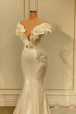 Classic White Mermaid V-neck Satin Pearl Ruffle Long Prom Dress Elegant Evening Dress HZ1108