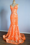 Orange Mermaid Spaghetti Straps Sequins Applique Long Prom Dress Tulle Evening Dress HZ1108