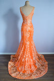 Orange Mermaid Spaghetti Straps Sequins Applique Long Prom Dress Tulle Evening Dress HZ1108