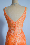 Orange Mermaid Spaghetti Straps Sequins Applique Long Prom Dress Tulle Evening Dress HZ1108