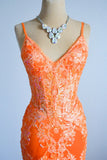 Orange Mermaid Spaghetti Straps Sequins Applique Long Prom Dress Tulle Evening Dress HZ1108