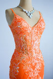Orange Mermaid Spaghetti Straps Sequins Applique Long Prom Dress Tulle Evening Dress HZ1108