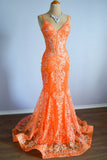 Orange Mermaid Spaghetti Straps Sequins Applique Long Prom Dress Tulle Evening Dress HZ1108