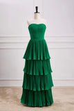 Hunter Green A-line Chiffon Strapless Layers Long Prom Dress Formal Evening Dress HZ1108