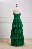 Hunter Green A-line Chiffon Strapless Layers Long Prom Dress Formal Evening Dress HZ1108