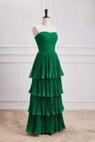 Hunter Green A-line Chiffon Strapless Layers Long Prom Dress Formal Evening Dress HZ1108