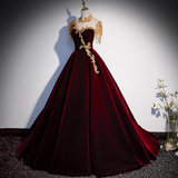 Burgundy A-line Velvet Beaded Sequined Long Prom Dress with Gold Appliques Formal Evening Gown HZ1108