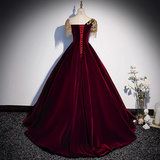 Burgundy A-line Velvet Beaded Sequined Long Prom Dress with Gold Appliques Formal Evening Gown HZ1108