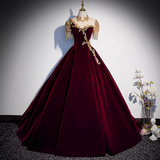 Burgundy A-line Velvet Beaded Sequined Long Prom Dress with Gold Appliques Formal Evening Gown HZ1108