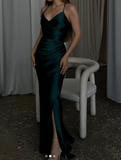 Elegant Dark Green Mermaid Spaghetti Strap Satin Long Prom Dress HZ1108