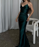Elegant Dark Green Mermaid Spaghetti Strap Satin Long Prom Dress HZ1108