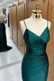 Elegant Dark Green Mermaid Spaghetti Strap Satin Long Prom Dress HZ1108