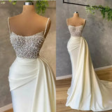 Mermaid Satin Spaghetti strap Sweetheart Sequined Beaded Long Prom Dress Gorgeous Evening Dress HZ1108