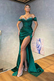 Dark Green Mermaid Off-the-shoulder Sparkle Beaded Long Prom Dress with Slit HZ1108