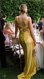 Simple Mermaid V Neck Yellow Backless Long Prom Dress HZ1108