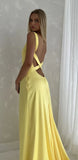 Simple Mermaid V Neck Yellow Backless Long Prom Dress HZ1108