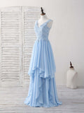 Sky Blue A-line V Neck Applique Chiffon Long Prom Dress Lace Spaghetti Strap Bridesmaid Dress HZ1108