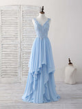 Sky Blue A-line V Neck Applique Chiffon Long Prom Dress Lace Spaghetti Strap Bridesmaid Dress HZ1108