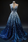 Gradient Blue A-line Spaghetti Straps Sequins Long Prom Dress V-neck Evening Gown HZ1108