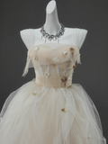 Off-White A-line Straps Tulle Long Prom Dress Simple Applique Wedding Dress HZ1108