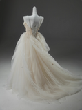 Off-White A-line Straps Tulle Long Prom Dress Simple Applique Wedding Dress HZ1108