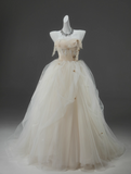 Off-White A-line Straps Tulle Long Prom Dress Simple Applique Wedding Dress HZ1108