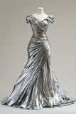 Silver Mermaid V-neck Long Prom Dress Simple Simple Formal Evening Dress HZ1108