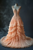 Vintage Pastel Orange Mermaid V-neck Tulle Applique Long Prom Dress Sweet Beaded Formal Evening Dress HZ1108