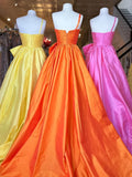 A-line one shoulder satin long prom dress with bow HZ1108
